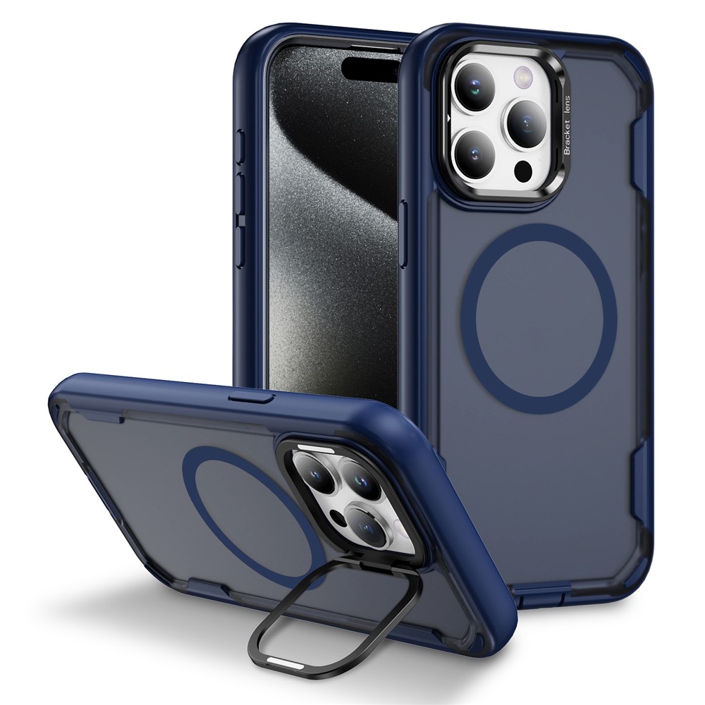 For iPhone 15 Pro Max Case Compatible with MagSafe Lens Frame Kickstand TPU + PC Shockproof Phone Cover - Blue + Transparent Blue
