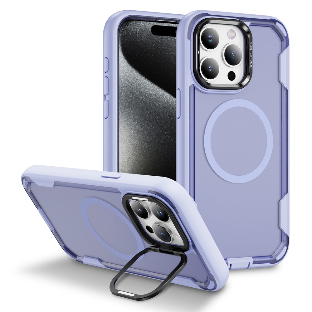 For iPhone 15 Pro Max Case Compatible with MagSafe Lens Frame Kickstand TPU + PC Shockproof Phone Cover - Light Purple + Transparent Purple