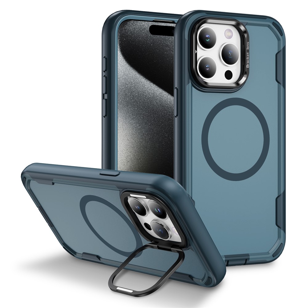 For iPhone 15 Pro Case Compatible with MagSafe Lens Frame Kickstand TPU + PC Shockproof Phone Cover - Sapphire + Blue