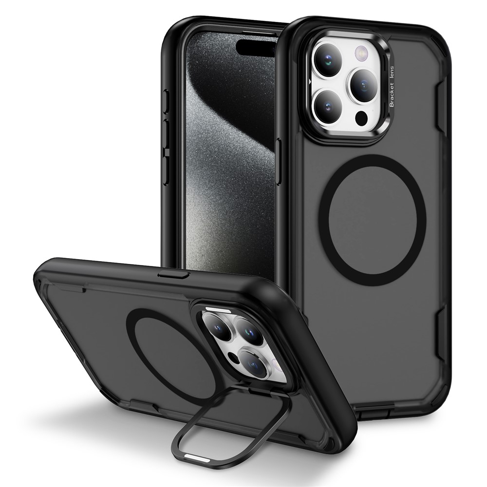 For iPhone 15 Pro Case Compatible with MagSafe Lens Frame Kickstand TPU + PC Shockproof Phone Cover - Black + Transparent Grey