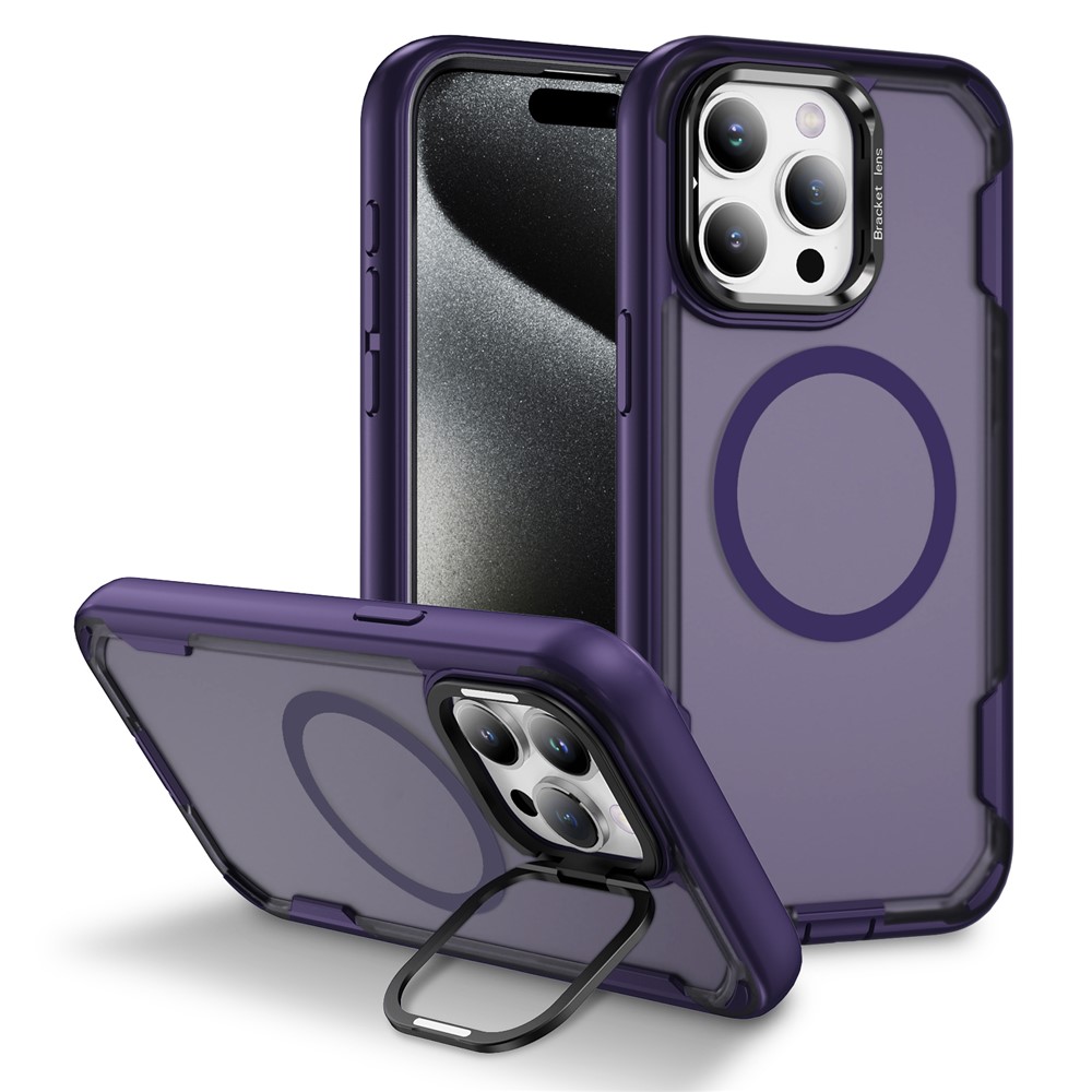 For iPhone 15 Pro Case Compatible with MagSafe Lens Frame Kickstand TPU + PC Shockproof Phone Cover - Purple + Bright Purple