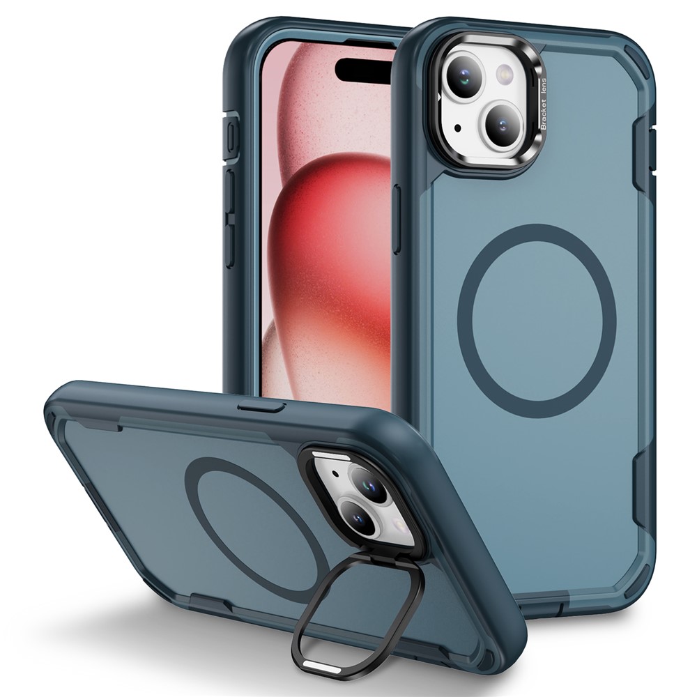 For iPhone 15 Case Compatible with MagSafe Lens Frame Kickstand TPU + PC Shockproof Phone Cover - Sapphire + Blue