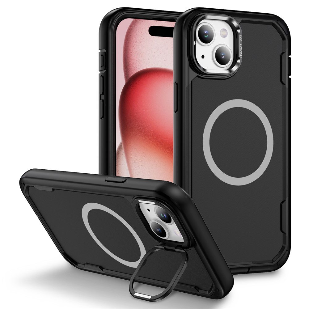 For iPhone 15 Case Compatible with MagSafe Lens Frame Kickstand TPU + PC Shockproof Phone Cover - Black + Black