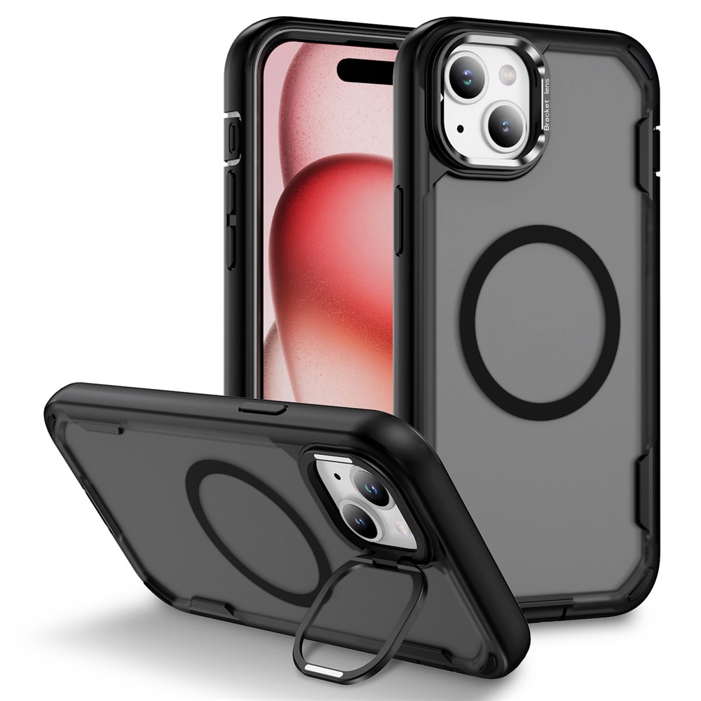 For iPhone 15 Case Compatible with MagSafe Lens Frame Kickstand TPU + PC Shockproof Phone Cover - Black + Transparent Grey