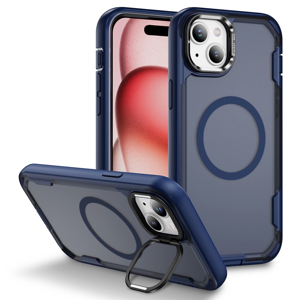 For iPhone 15 Case Compatible with MagSafe Lens Frame Kickstand TPU + PC Shockproof Phone Cover - Blue + Transparent Blue