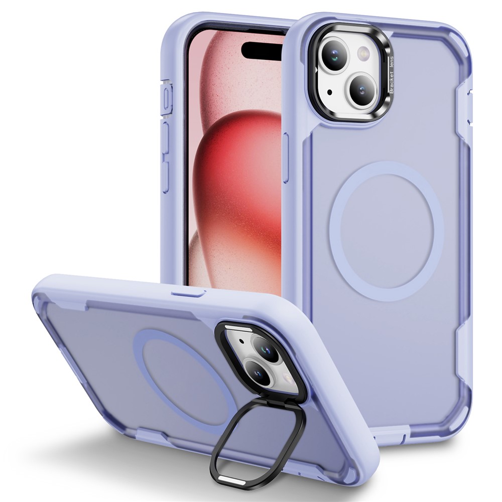 For iPhone 15 Case Compatible with MagSafe Lens Frame Kickstand TPU + PC Shockproof Phone Cover - Light Purple + Transparent Purple
