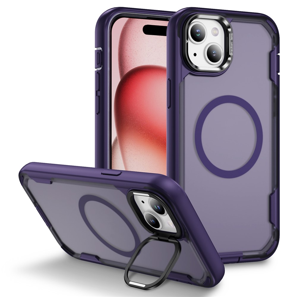 For iPhone 15 Case Compatible with MagSafe Lens Frame Kickstand TPU + PC Shockproof Phone Cover - Purple + Bright Purple