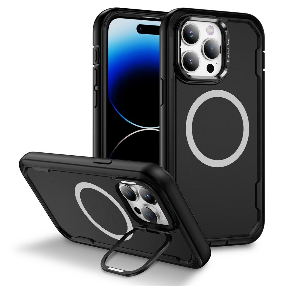 For iPhone 14 Pro Max Case Compatible with MagSafe Lens Frame Kickstand TPU + PC Shockproof Phone Cover - Black + Black