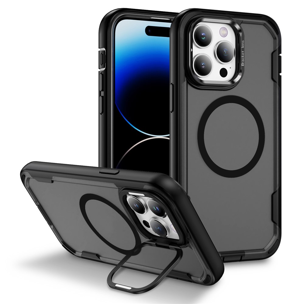 For iPhone 14 Pro Max Case Compatible with MagSafe Lens Frame Kickstand TPU + PC Shockproof Phone Cover - Black + Transparent Grey