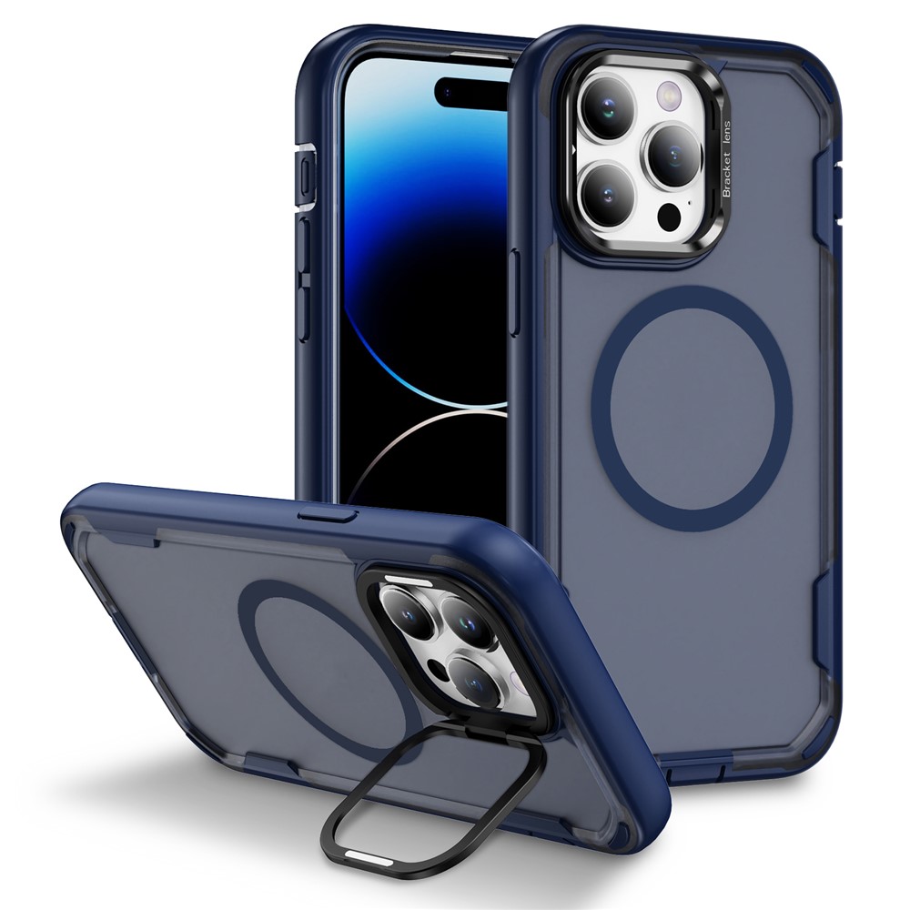 For iPhone 14 Pro Max Case Compatible with MagSafe Lens Frame Kickstand TPU + PC Shockproof Phone Cover - Blue + Transparent Blue