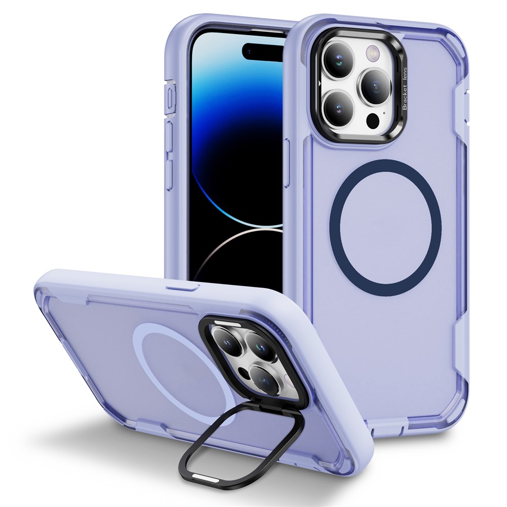 For iPhone 14 Pro Max Case Compatible with MagSafe Lens Frame Kickstand TPU + PC Shockproof Phone Cover - Light Purple + Transparent Purple