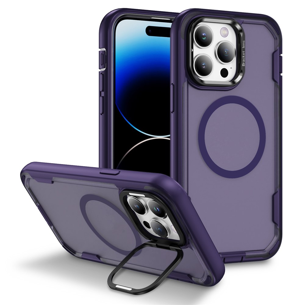 For iPhone 14 Pro Max Case Compatible with MagSafe Lens Frame Kickstand TPU + PC Shockproof Phone Cover - Purple + Bright Purple