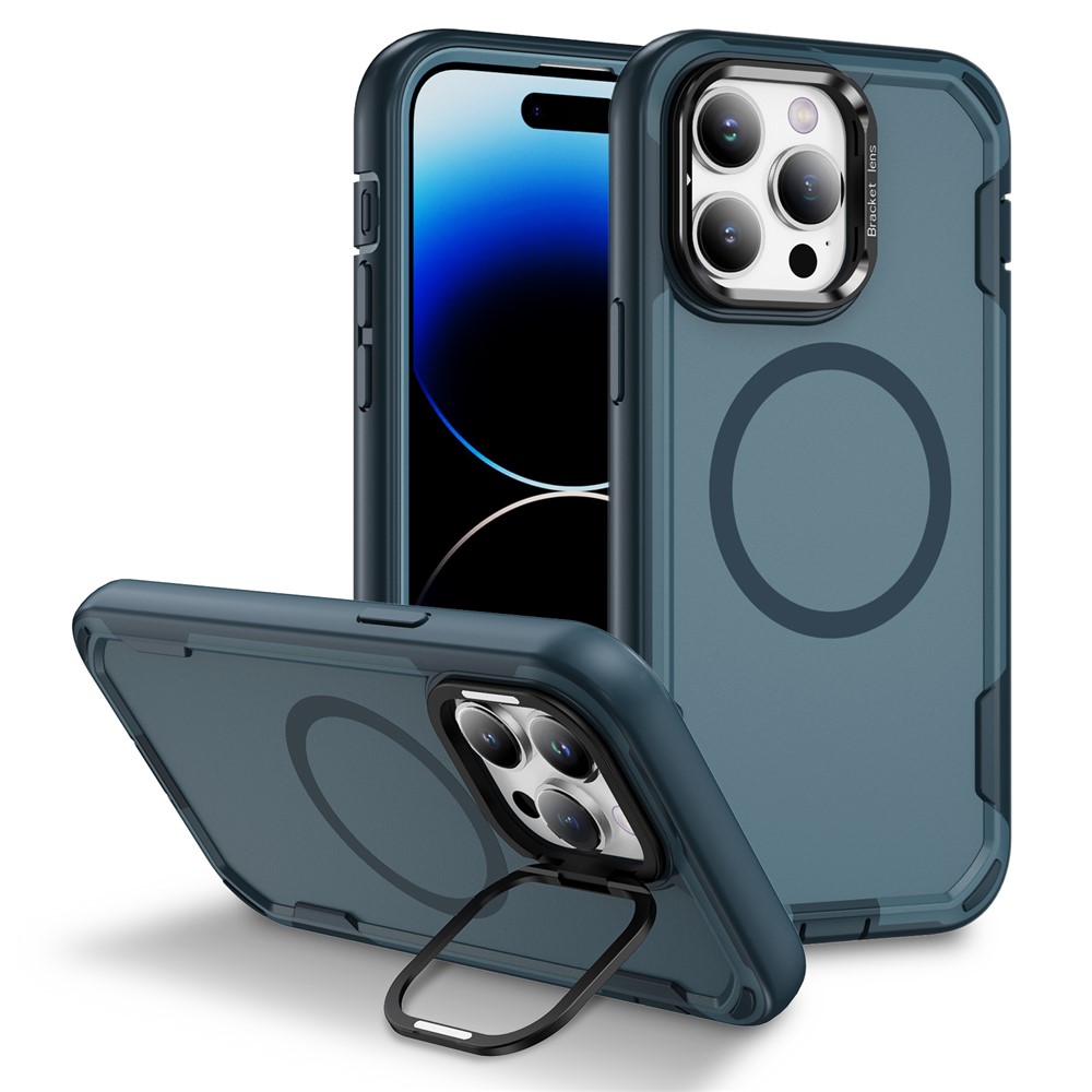 For iPhone 14 Pro Case Compatible with MagSafe Lens Frame Kickstand TPU + PC Shockproof Phone Cover - Sapphire + Blue