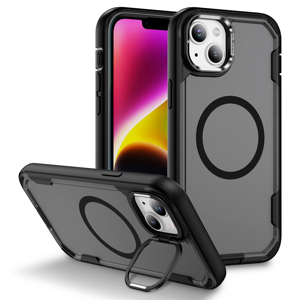 For iPhone 14 / 13 Case Compatible with MagSafe Lens Frame Kickstand TPU + PC Shockproof Phone Cover - Black + Transparent Grey