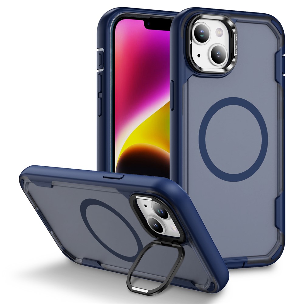 For iPhone 14 / 13 Case Compatible with MagSafe Lens Frame Kickstand TPU + PC Shockproof Phone Cover - Blue + Transparent Blue