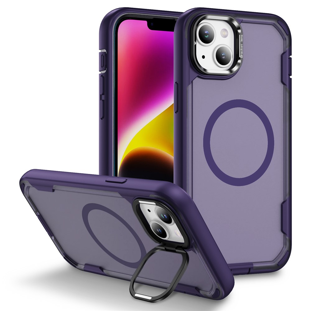 For iPhone 14 / 13 Case Compatible with MagSafe Lens Frame Kickstand TPU + PC Shockproof Phone Cover - Purple + Bright Purple