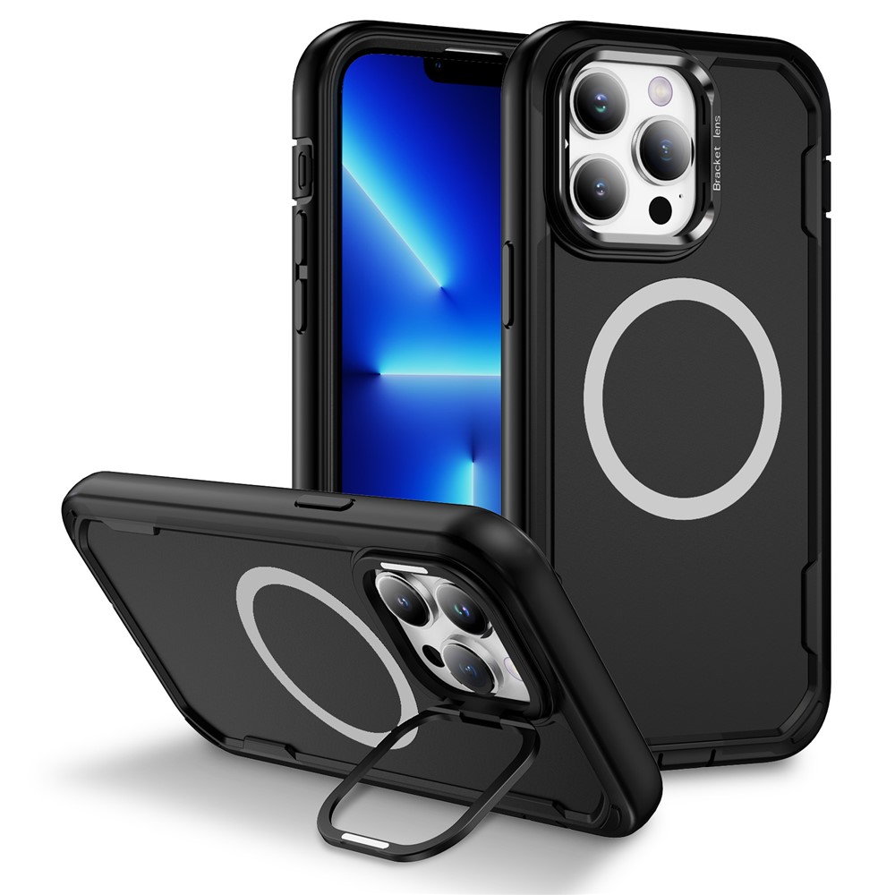 For iPhone 13 Pro Max Case Compatible with MagSafe Lens Frame Kickstand TPU + PC Shockproof Phone Cover - Black + Black