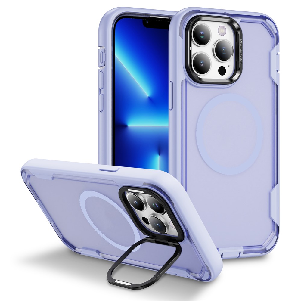 For iPhone 13 Pro Max Case Compatible with MagSafe Lens Frame Kickstand TPU + PC Shockproof Phone Cover - Light Purple + Transparent Purple