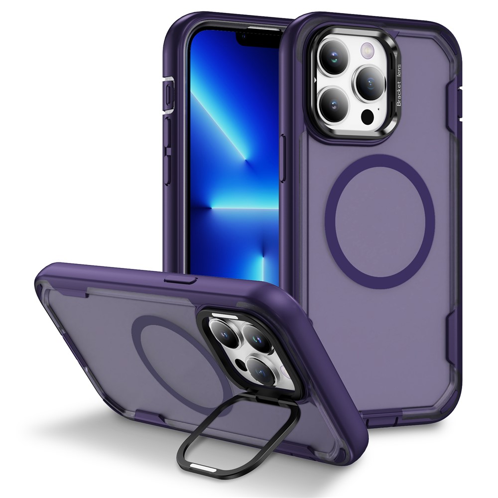 For iPhone 13 Pro Max Case Compatible with MagSafe Lens Frame Kickstand TPU + PC Shockproof Phone Cover - Purple + Bright Purple