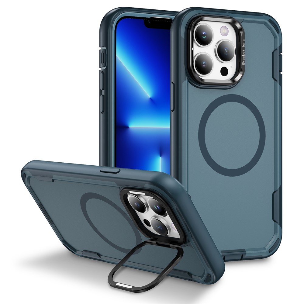 For iPhone 13 Pro Case Compatible with MagSafe Lens Frame Kickstand TPU + PC Shockproof Phone Cover - Sapphire + Blue