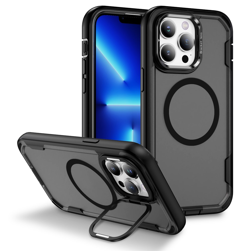 For iPhone 13 Pro Case Compatible with MagSafe Lens Frame Kickstand TPU + PC Shockproof Phone Cover - Black + Transparent Grey