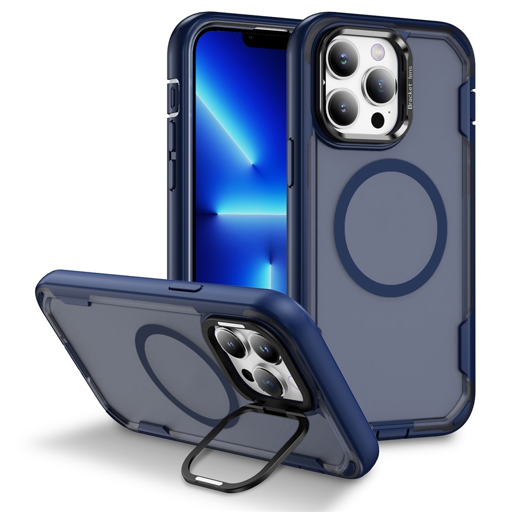 For iPhone 13 Pro Case Compatible with MagSafe Lens Frame Kickstand TPU + PC Shockproof Phone Cover - Blue + Transparent Blue