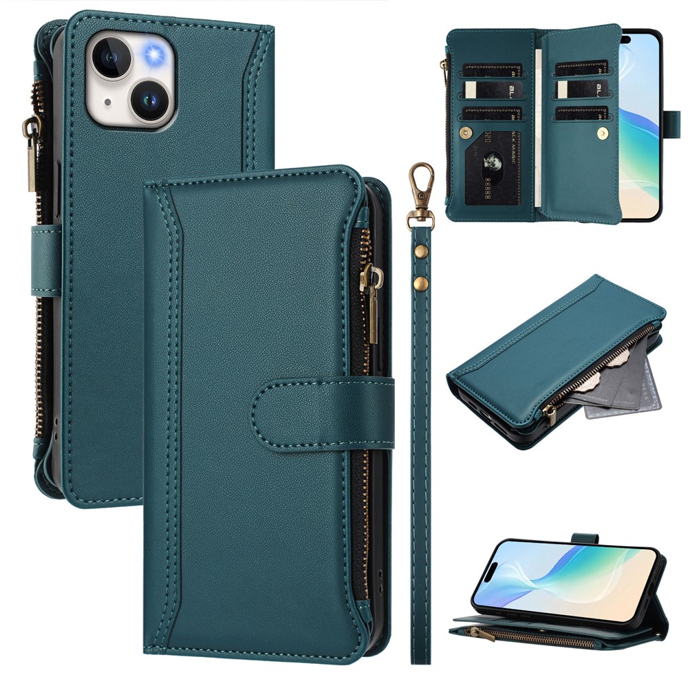 For iPhone 15 Leather Case 9 Card Slots Zipper Wallet Stand Phone Cover with Wrist Strap - Dark Green