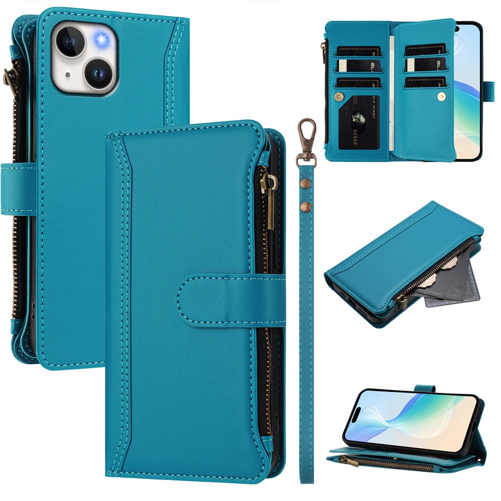 For iPhone 15 Leather Case 9 Card Slots Zipper Wallet Stand Phone Cover with Wrist Strap - Lake Blue
