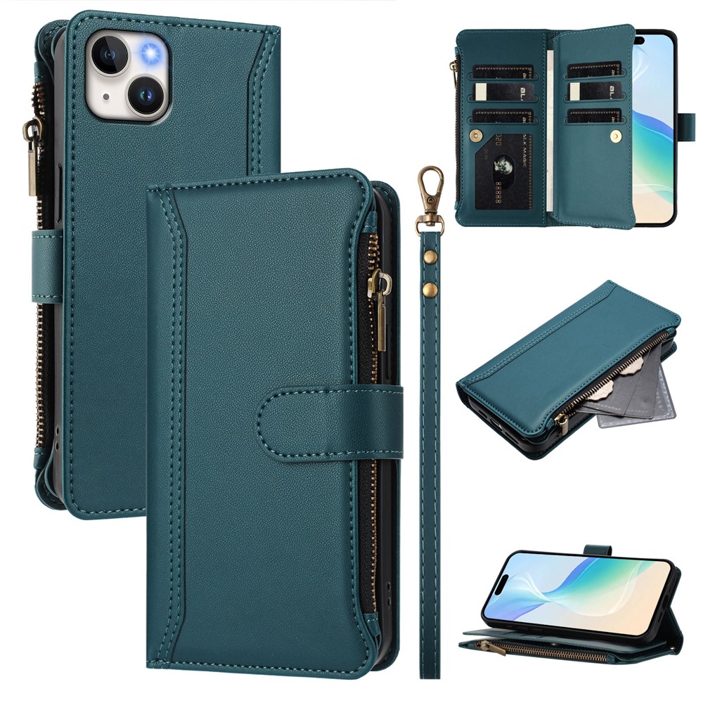 For iPhone 15 Plus Leather Case 9 Card Slots Zipper Wallet Stand Phone Cover with Wrist Strap - Dark Green