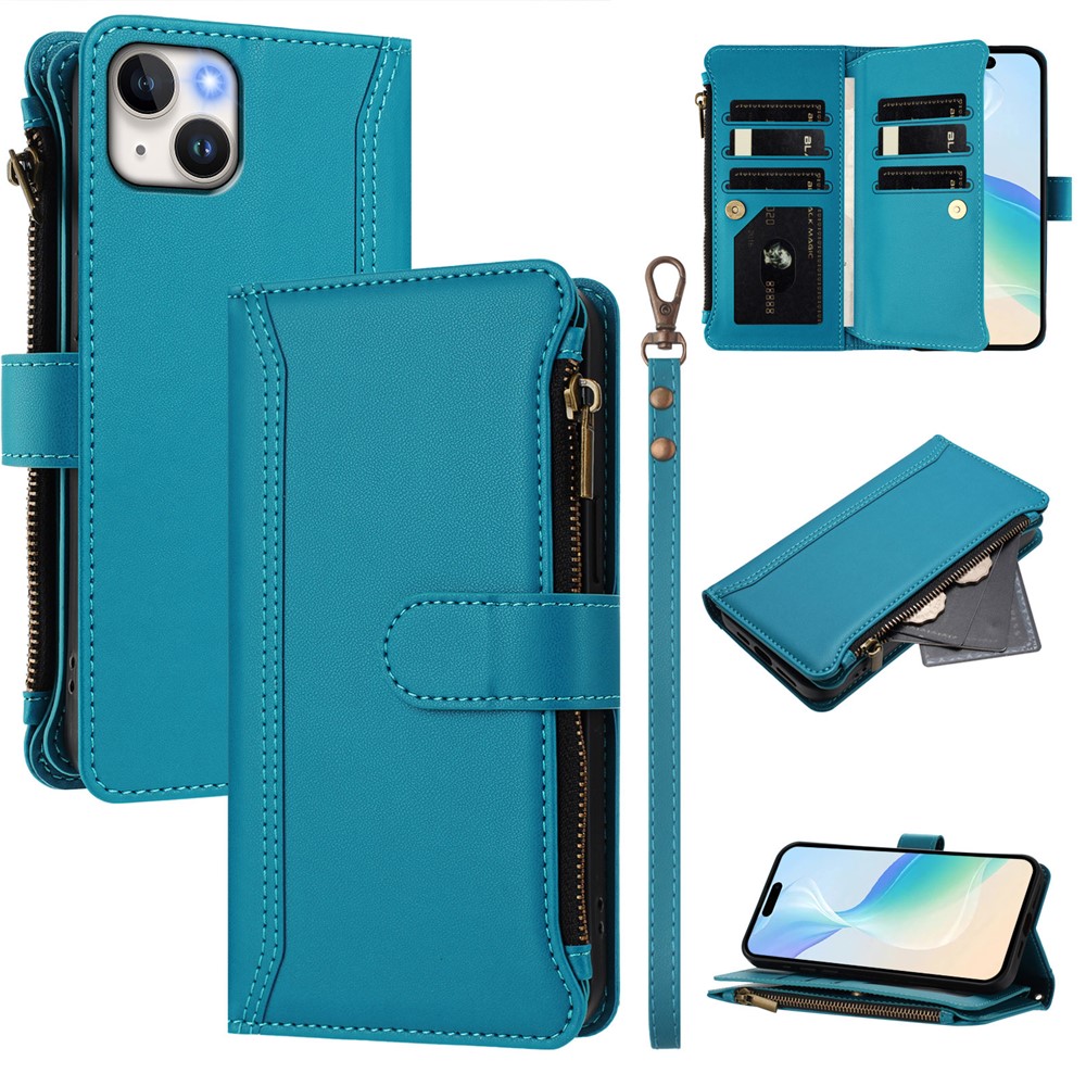 For iPhone 15 Plus Leather Case 9 Card Slots Zipper Wallet Stand Phone Cover with Wrist Strap - Lake Blue
