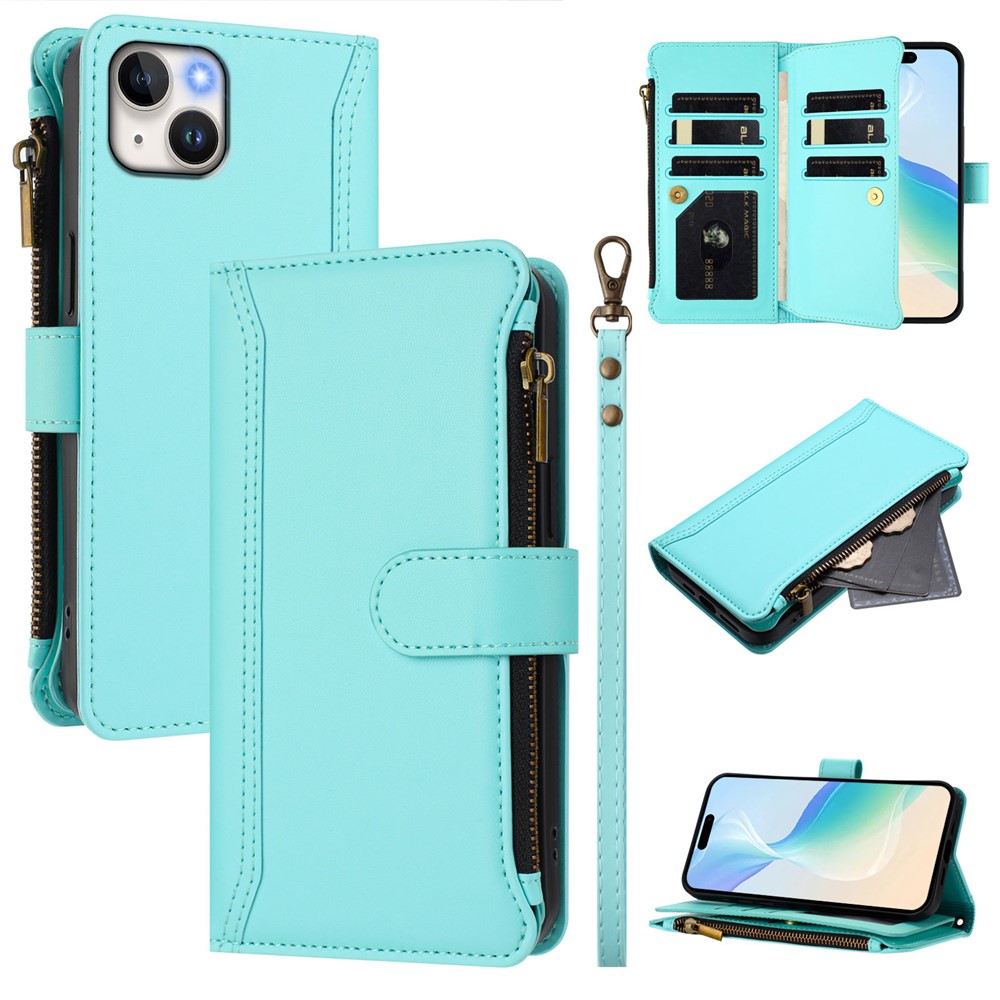 For iPhone 15 Plus Leather Case 9 Card Slots Zipper Wallet Stand Phone Cover with Wrist Strap - Mint Green