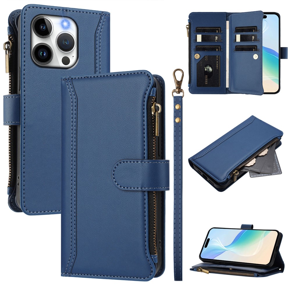 For iPhone 15 Pro Leather Case 9 Card Slots Zipper Wallet Stand Phone Cover with Wrist Strap - Dark Blue