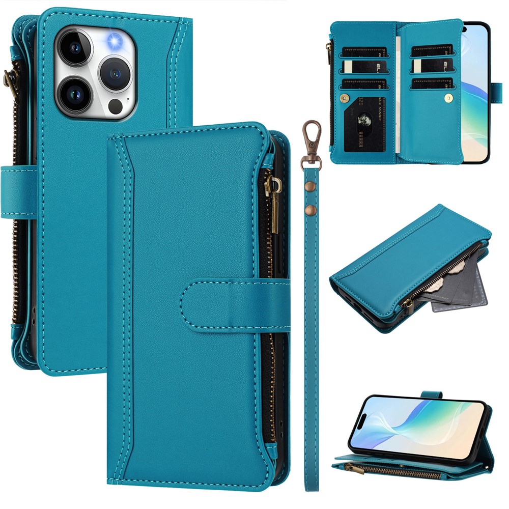 For iPhone 15 Pro Leather Case 9 Card Slots Zipper Wallet Stand Phone Cover with Wrist Strap - Lake Blue