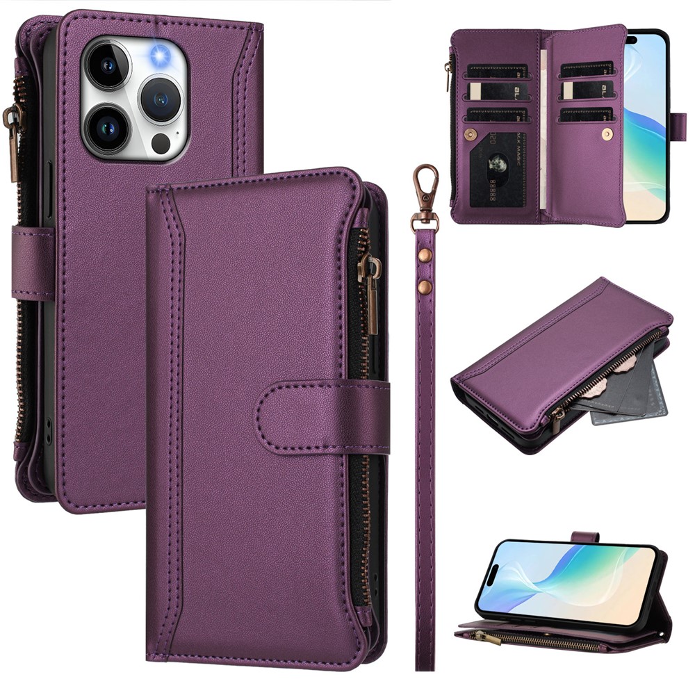 For iPhone 15 Pro Leather Case 9 Card Slots Zipper Wallet Stand Phone Cover with Wrist Strap - Purple