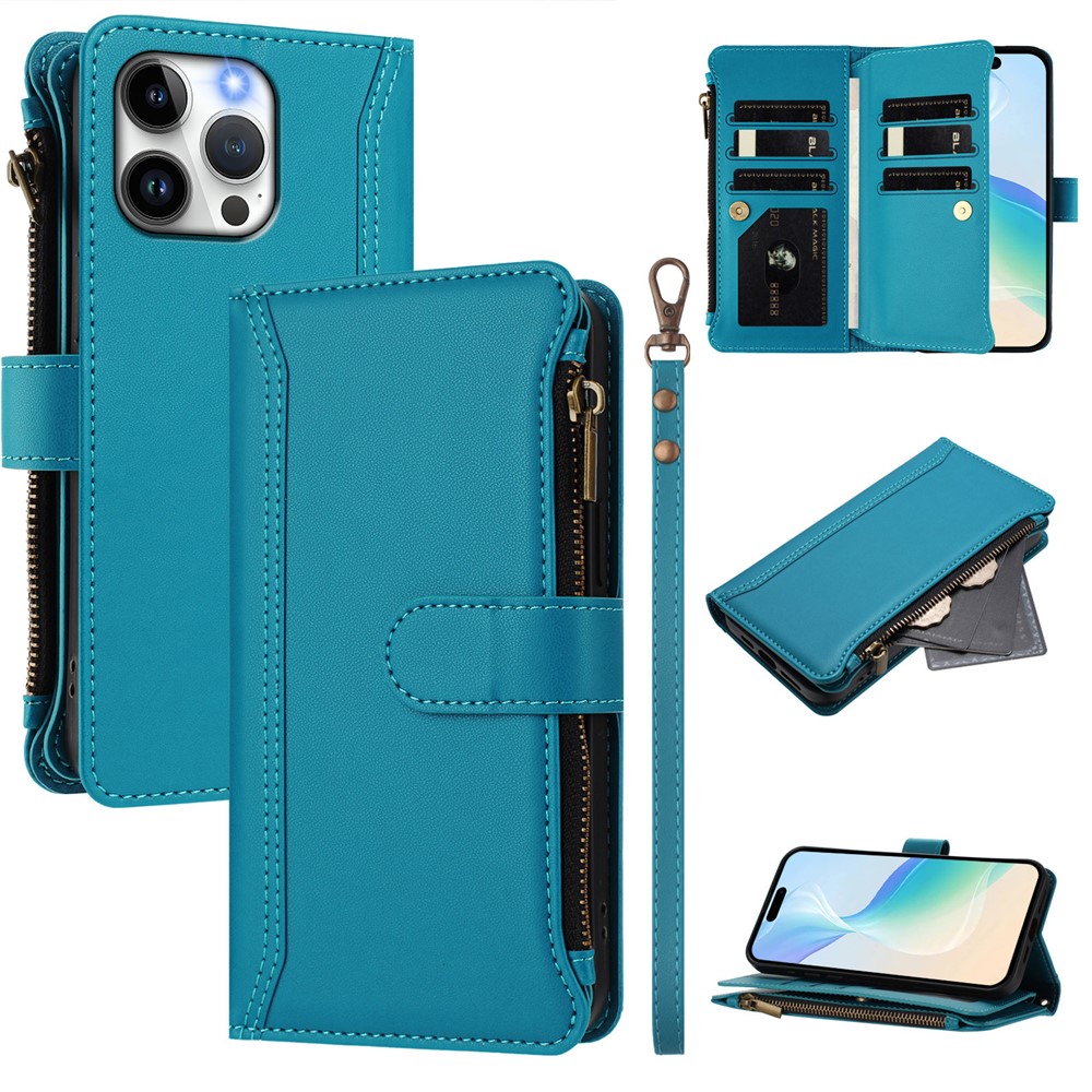 For iPhone 15 Pro Max Leather Case 9 Card Slots Zipper Wallet Stand Phone Cover with Wrist Strap - Lake Blue