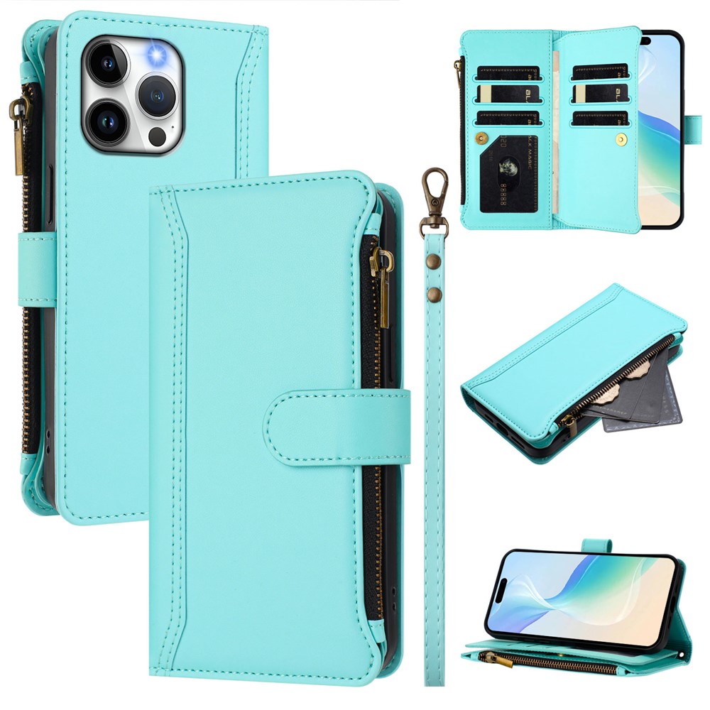 For iPhone 15 Pro Max Leather Case 9 Card Slots Zipper Wallet Stand Phone Cover with Wrist Strap - Mint Green