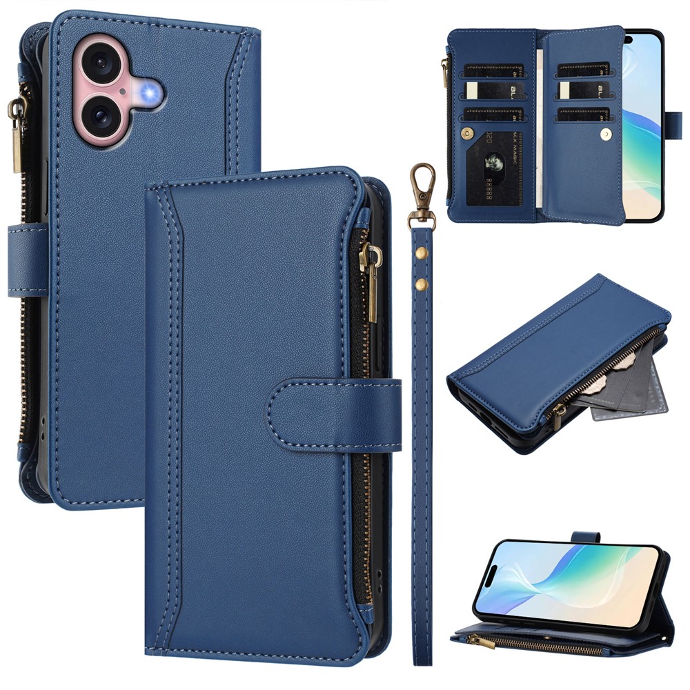 For iPhone 16 Leather Case 9 Card Slots Zipper Wallet Stand Phone Cover with Wrist Strap - Dark Blue