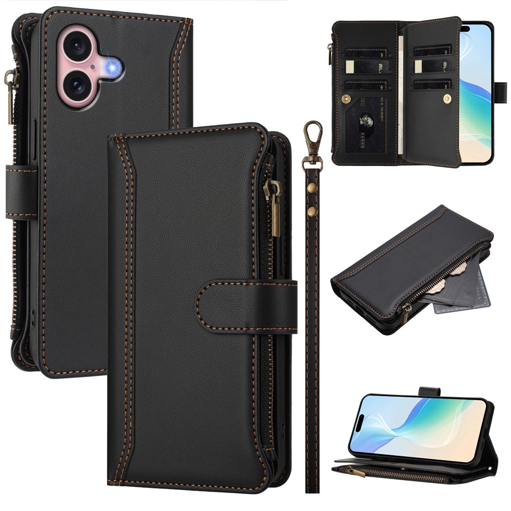 For iPhone 16 Leather Case 9 Card Slots Zipper Wallet Stand Phone Cover with Wrist Strap - Black