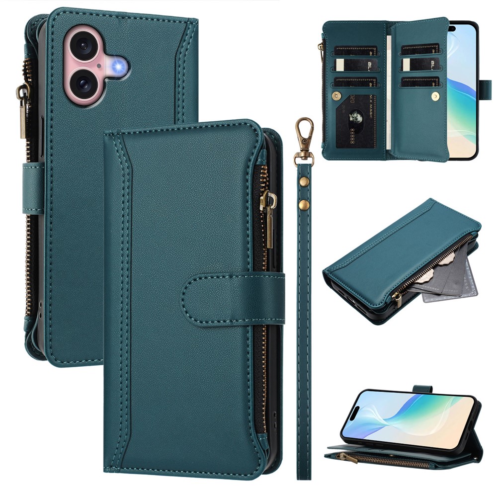 For iPhone 16 Leather Case 9 Card Slots Zipper Wallet Stand Phone Cover with Wrist Strap - Dark Green