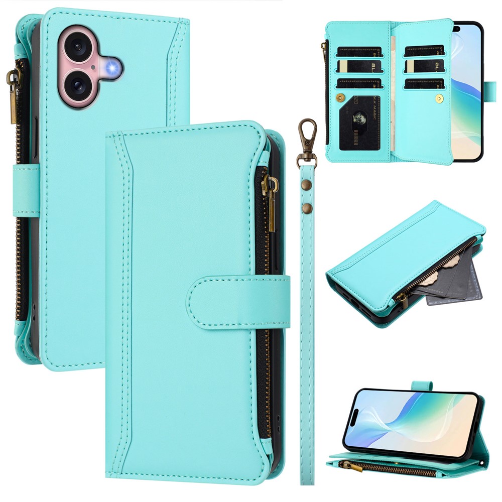For iPhone 16 Leather Case 9 Card Slots Zipper Wallet Stand Phone Cover with Wrist Strap - Mint Green