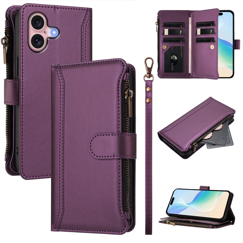 For iPhone 16 Leather Case 9 Card Slots Zipper Wallet Stand Phone Cover with Wrist Strap - Purple