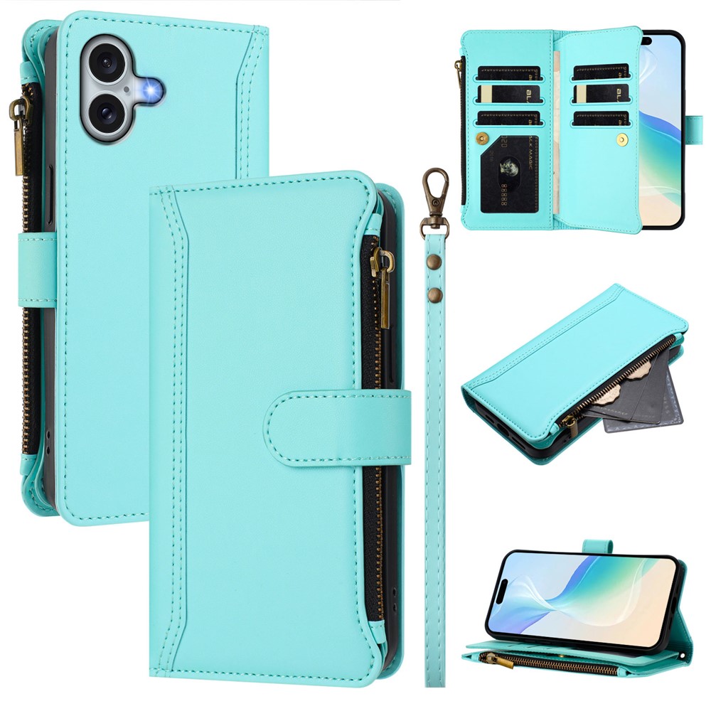 For iPhone 16 Plus Leather Case 9 Card Slots Zipper Wallet Stand Phone Cover with Wrist Strap - Mint Green