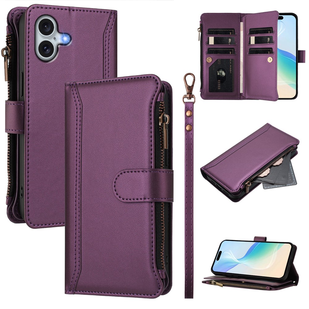 For iPhone 16 Plus Leather Case 9 Card Slots Zipper Wallet Stand Phone Cover with Wrist Strap - Purple