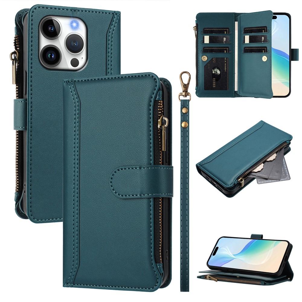 For iPhone 16 Pro Leather Case 9 Card Slots Zipper Wallet Stand Phone Cover with Wrist Strap - Dark Green