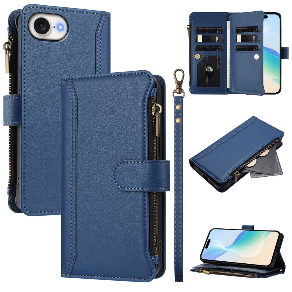 For iPhone 16e Leather Case 9 Card Slots Zipper Wallet Stand Phone Cover with Wrist Strap - Dark Blue