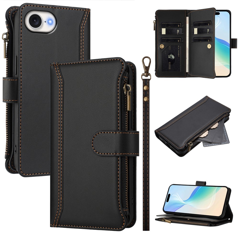 For iPhone 16e Leather Case 9 Card Slots Zipper Wallet Stand Phone Cover with Wrist Strap - Black