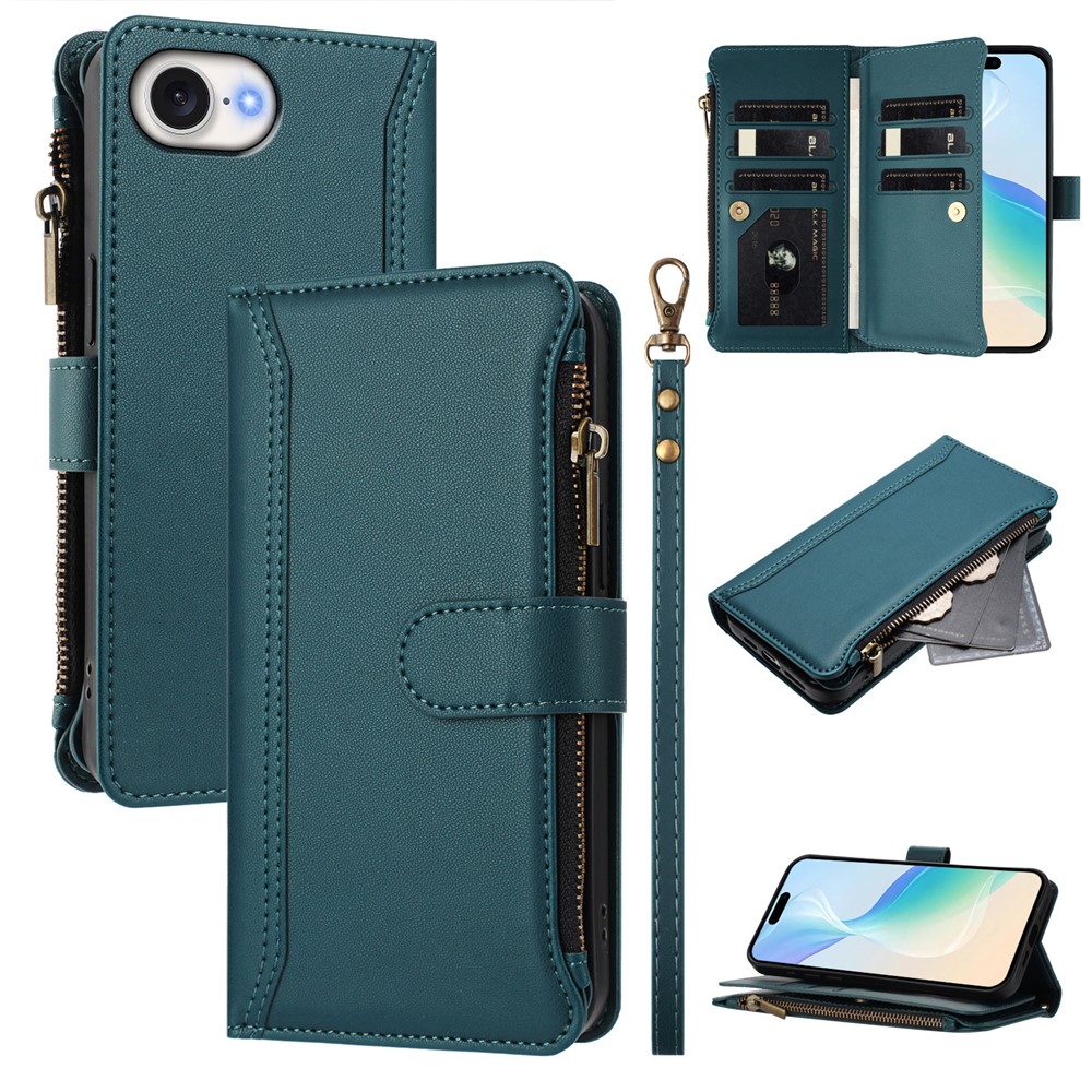 For iPhone 16e Leather Case 9 Card Slots Zipper Wallet Stand Phone Cover with Wrist Strap - Dark Green
