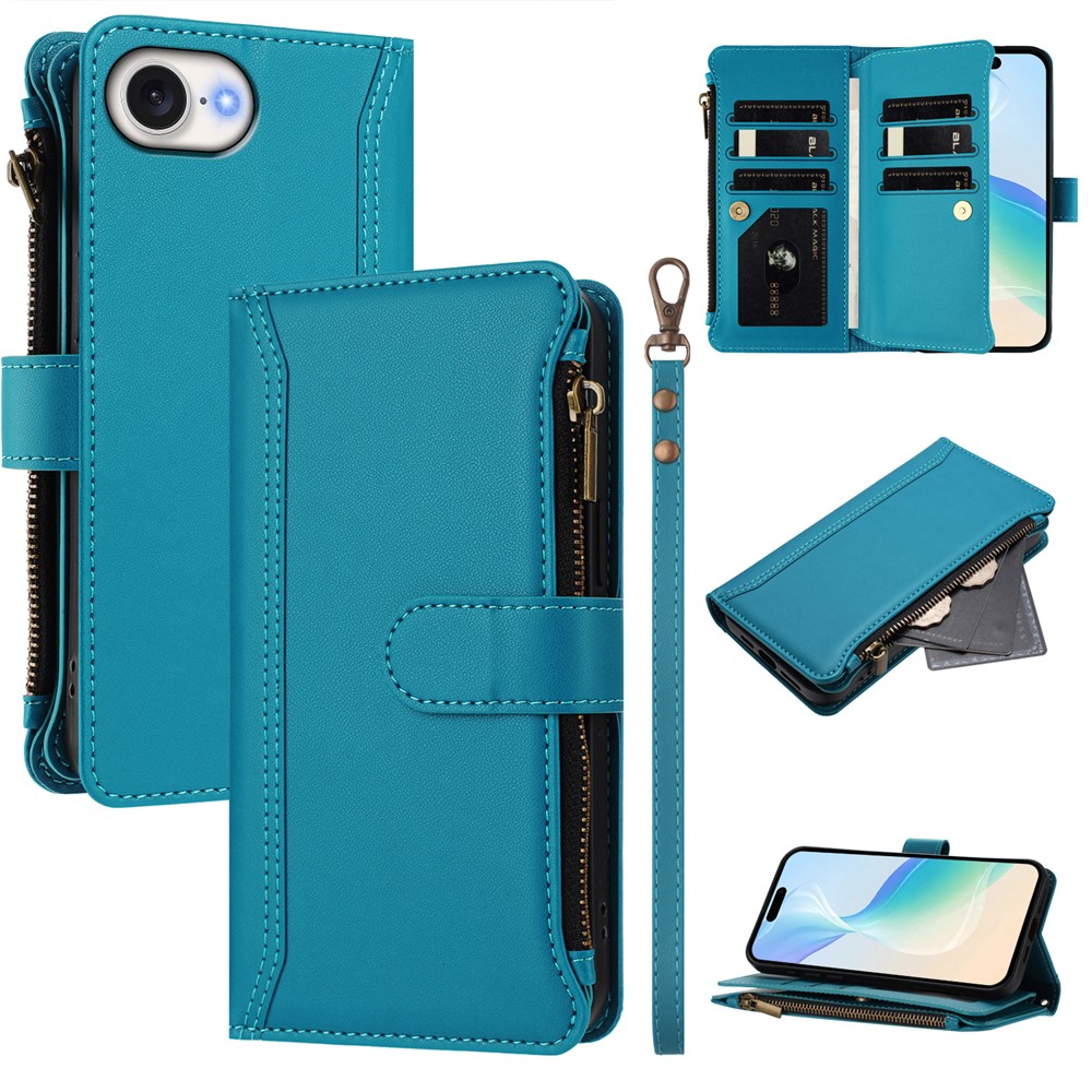 For iPhone 16e Leather Case 9 Card Slots Zipper Wallet Stand Phone Cover with Wrist Strap - Lake Blue
