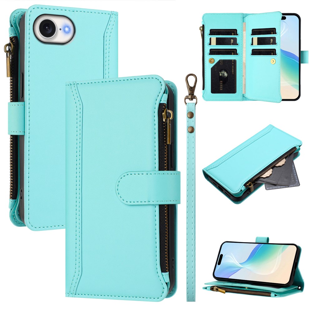 For iPhone 16e Leather Case 9 Card Slots Zipper Wallet Stand Phone Cover with Wrist Strap - Mint Green