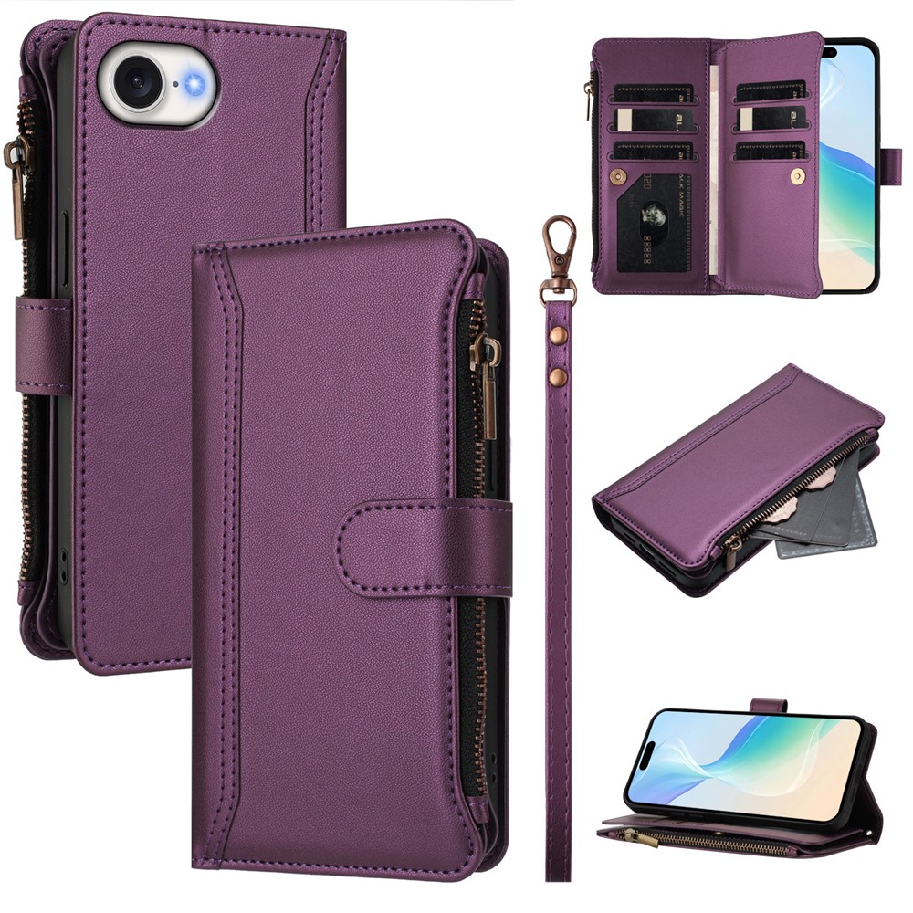 For iPhone 16e Leather Case 9 Card Slots Zipper Wallet Stand Phone Cover with Wrist Strap - Purple